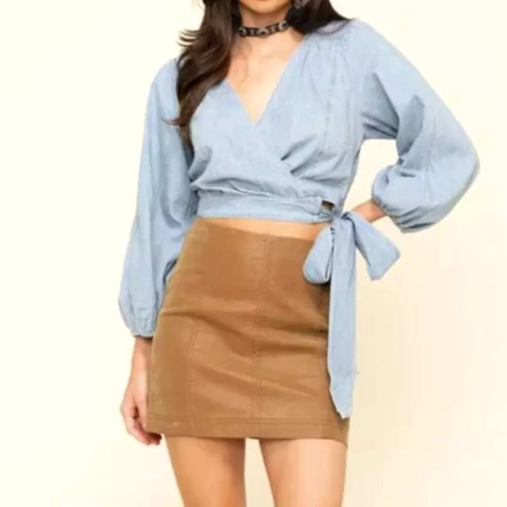 Free People Modern Femme Vegan Mini Skirt Tan Lined Faux Leather 6 Cowgirl